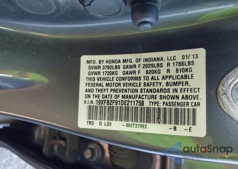 2013 Honda Civic Ex-L z USA, uszkodzony, nr VIN 19XFB2F91DE211758